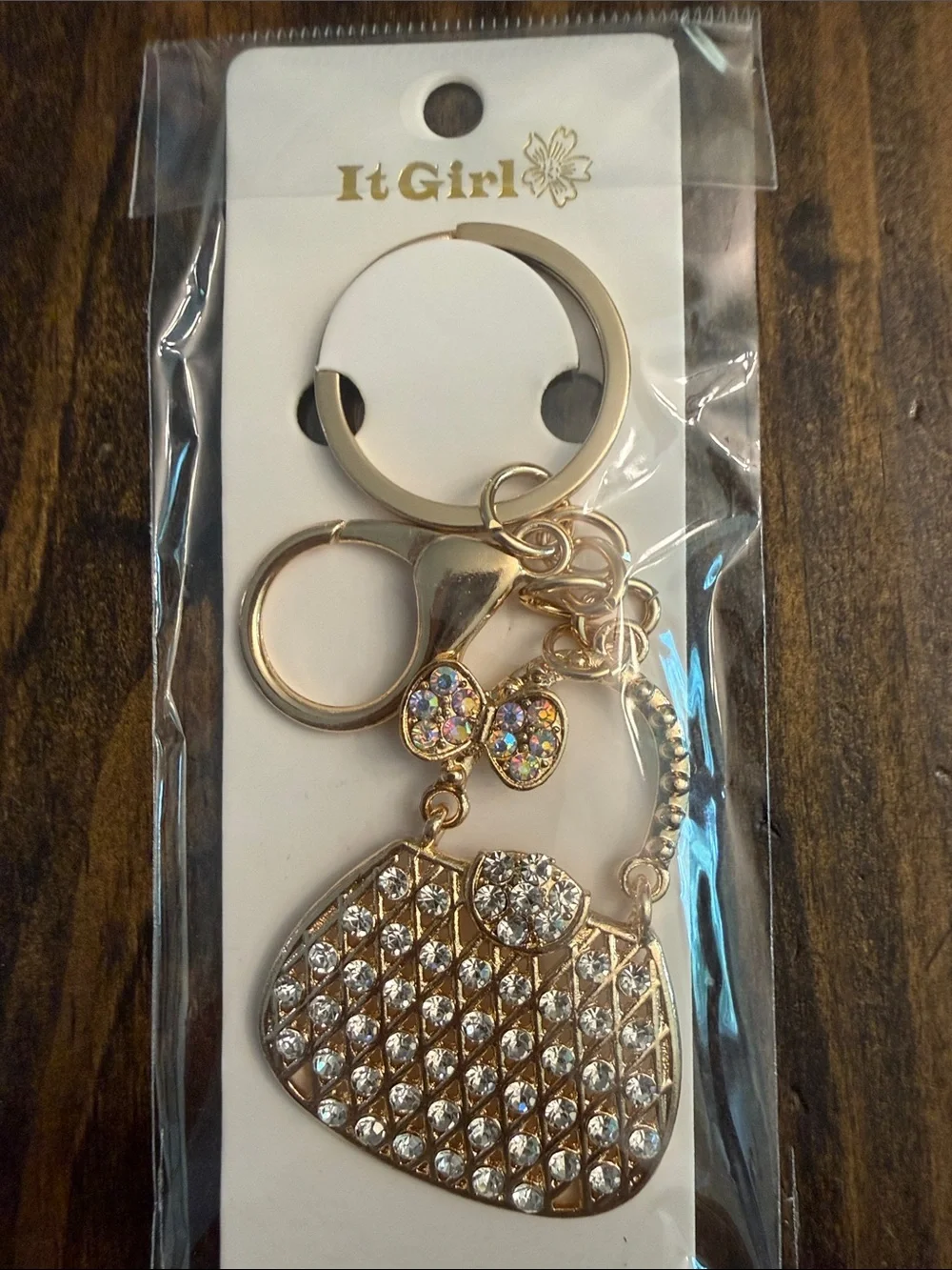 ItGirl Gold-tone Rhinestone Purse Keychain Charm with Sparkling Bow Accent